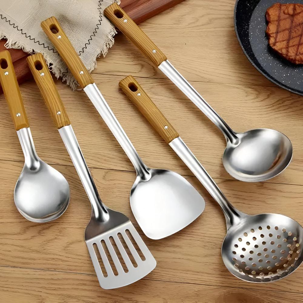 Stainless Cooking Utensils Set – Hanging Metal Utensils with Wooden Handle for Kitchen