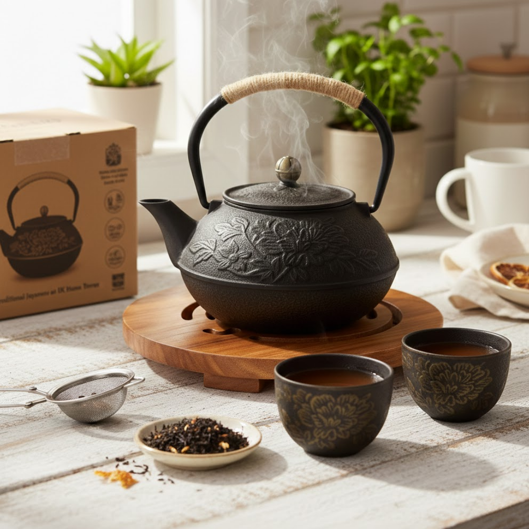 Japanese Teapot | Handmade Cast Iron Tea Pot, Floral Design & Ideal for Japanese Tea Set and Herbal Infusions