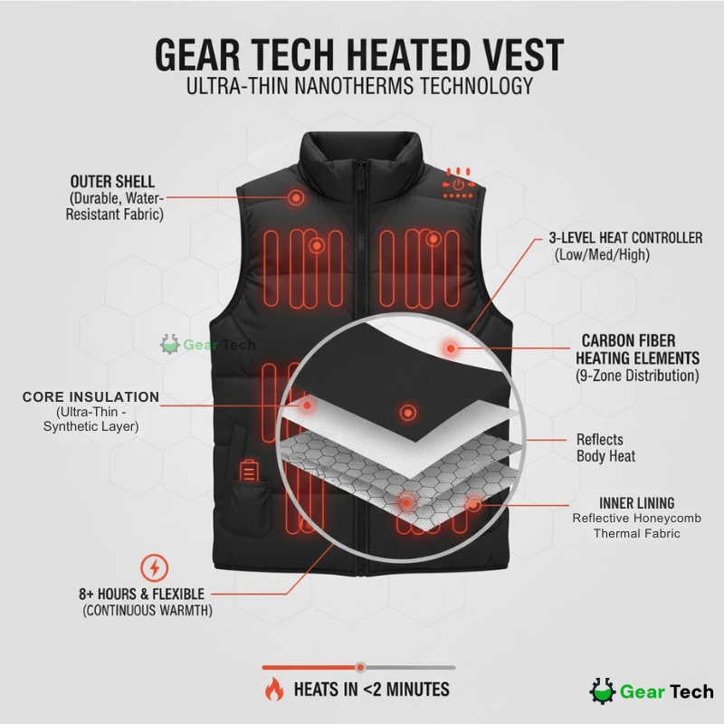 Mens Heated Gilet | Ultra-Thin Heated Vest, 9 Heating Zones & 8 Hours of Luxurious Warmth for Outdoor Activities