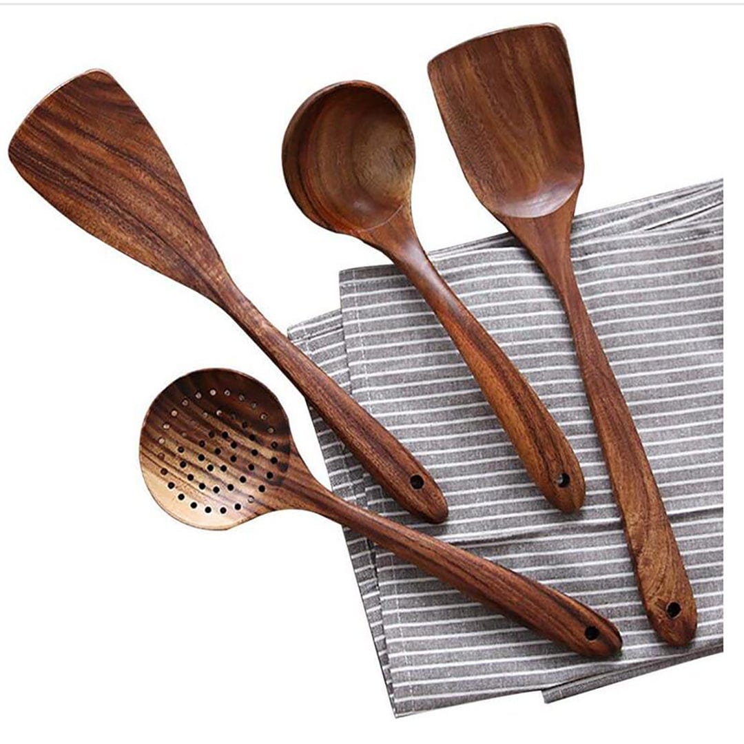 Teak Wooden Utensil Set - Sustainable Cooking Ideal like Retro Cooking Utensils