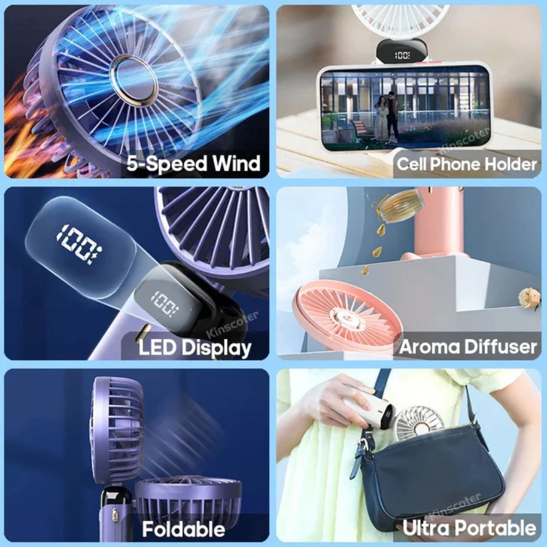 Rechargeable Handheld Mini Fan | 5-Speed, 90-Degree Adjustable & Quiet for Office, Home & Outdoor Use