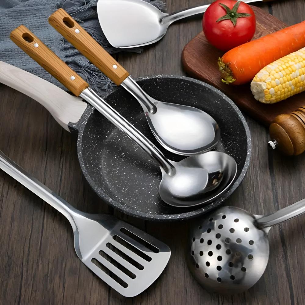 Stainless Cooking Utensils Set – Hanging Metal Utensils with Wooden Handle for Kitchen