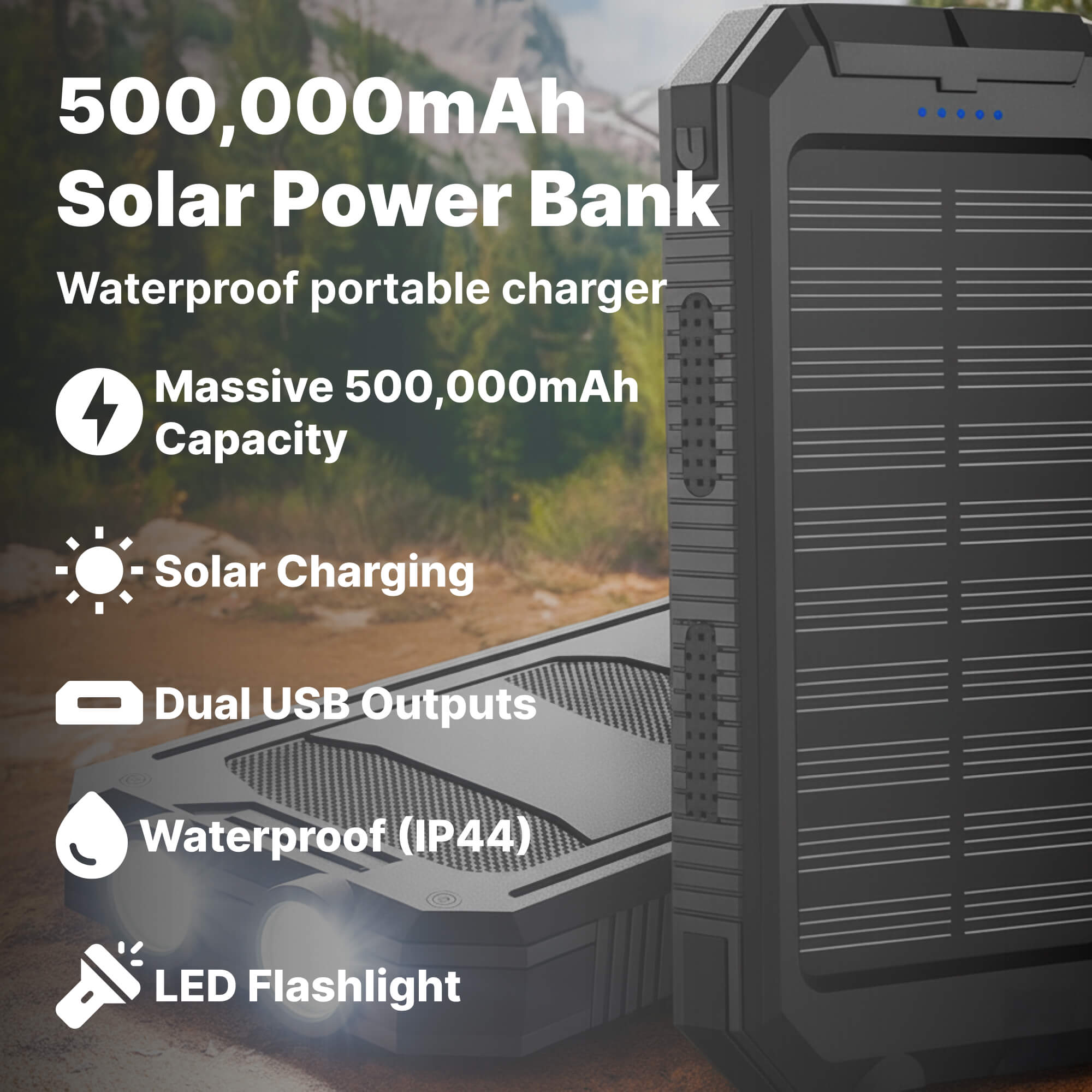500000mAh Solar Charger Waterproof Power Bank External