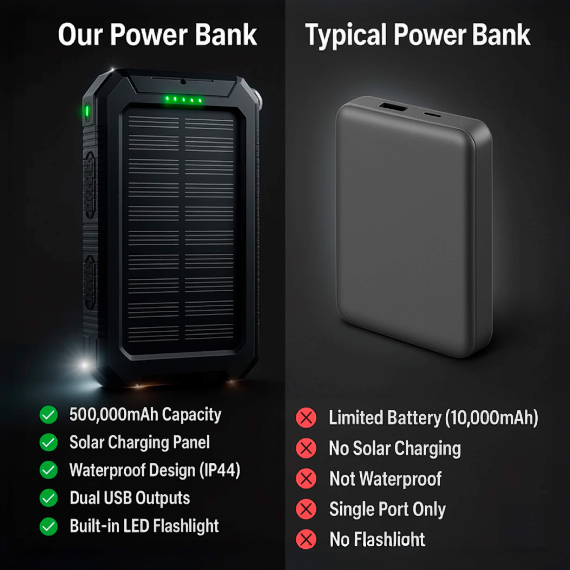 500000mAh Solar Charger Waterproof Power Bank External