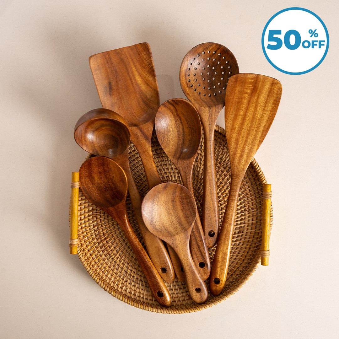 Teak Wooden Utensil Set - Sustainable Cooking Ideal like Retro Cooking Utensils