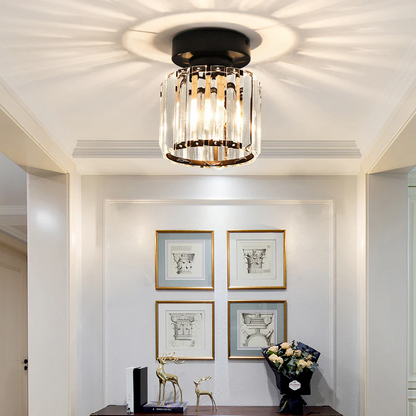 Modern 1-Light Flush Mount Ceiling Light | Black Brass Fixture with Crystal Shade for Hallway & Living Room