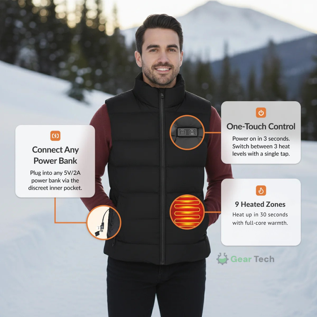Mens Heated Gilet | Ultra-Thin Heated Vest, 9 Heating Zones & 8 Hours of Luxurious Warmth for Outdoor Activities