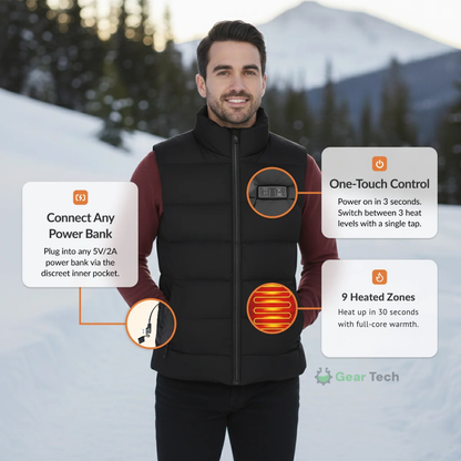 Mens Heated Gilet | Ultra-Thin Heated Vest, 9 Heating Zones & 8 Hours of Luxurious Warmth for Outdoor Activities