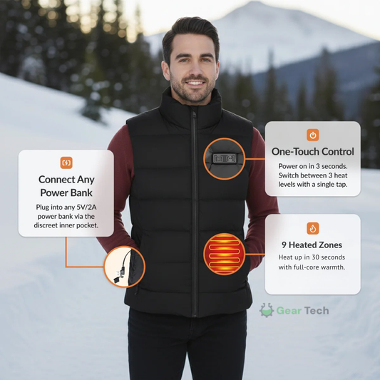 Mens Heated Gilet | Ultra-Thin Heated Vest, 9 Heating Zones & 8 Hours of Luxurious Warmth for Outdoor Activities