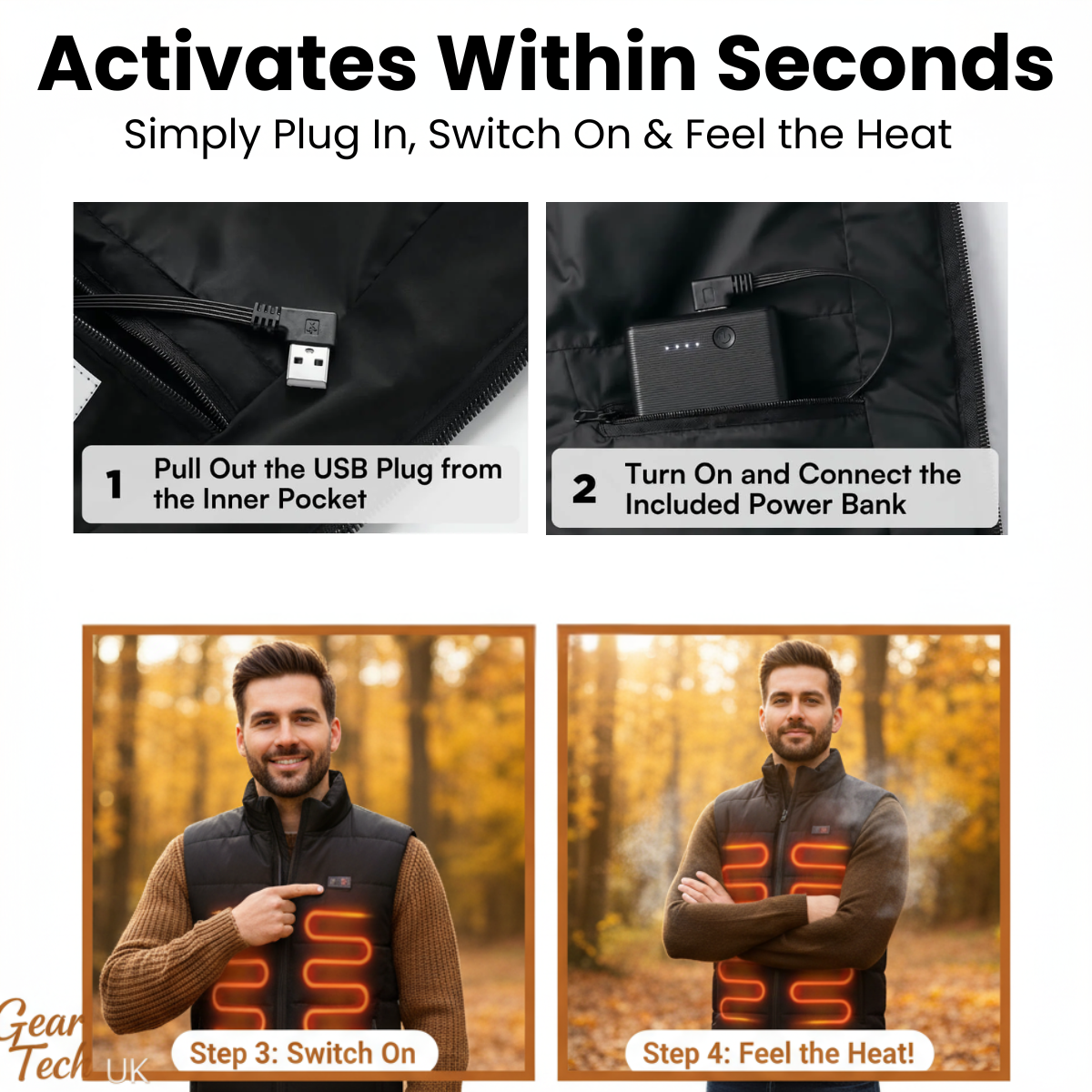 Mens Heated Gilet | Ultra-Thin Heated Vest, 9 Heating Zones & 8 Hours of Luxurious Warmth for Outdoor Activities