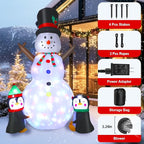 Inflatable Snowman - Blow Up Snow Man With Penguins, Built-in Colorful Rotating LED Lights, Outdoor Xmas Decoration
