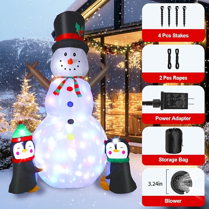 Inflatable Snowman - Blow Up Snow Man With Penguins, Built-in Colorful Rotating LED Lights, Outdoor Xmas Decoration