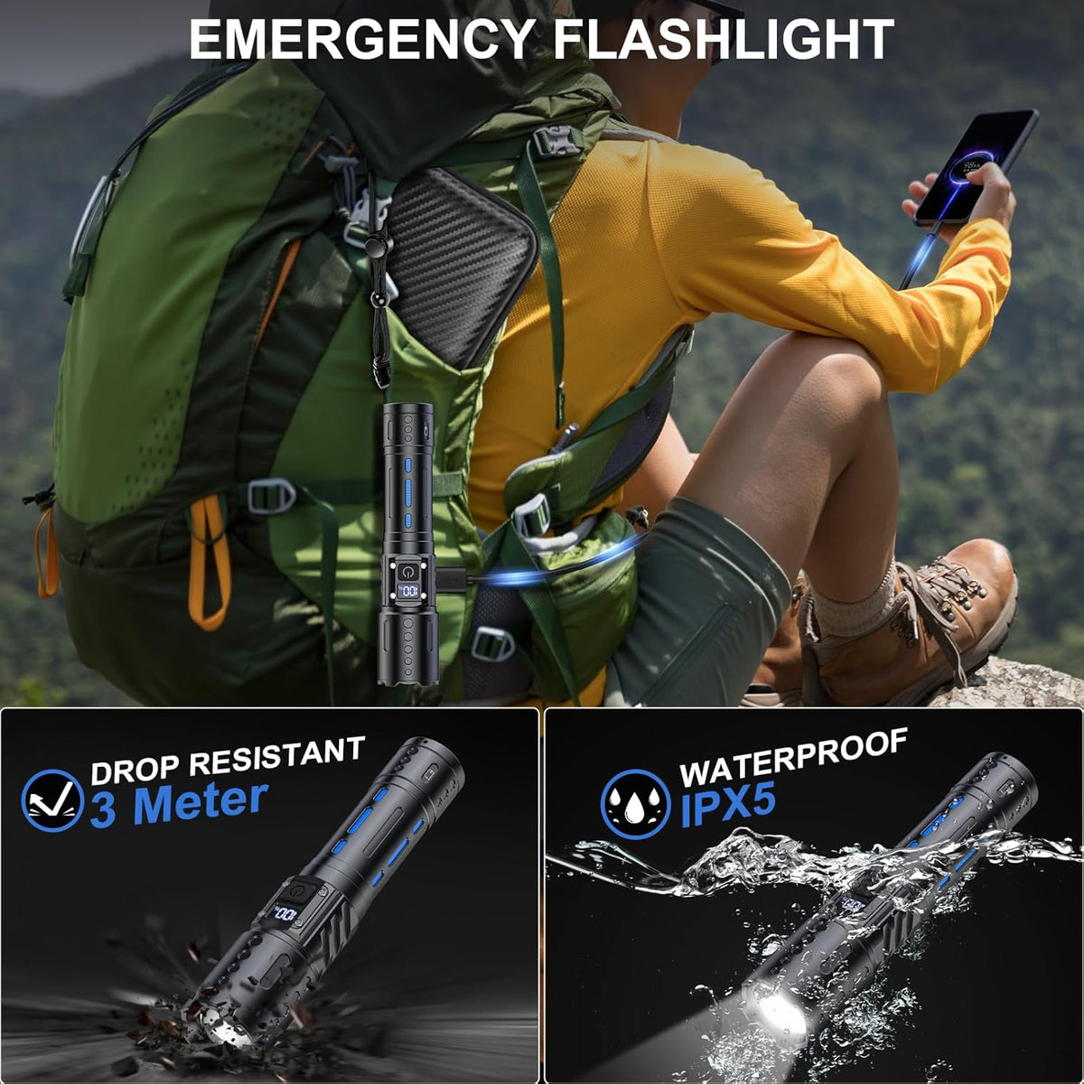 100,000 Lumen Rechargeable LED Flashlight | Waterproof, Impact-Resistant & Ideal for Hiking, Emergencies & Power Outages