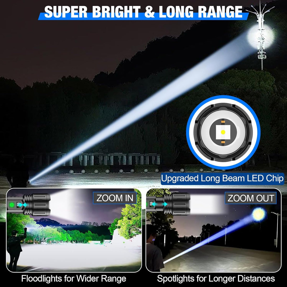 100,000 Lumen Rechargeable LED Flashlight | Waterproof, Impact-Resistant & Ideal for Hiking, Emergencies & Power Outages