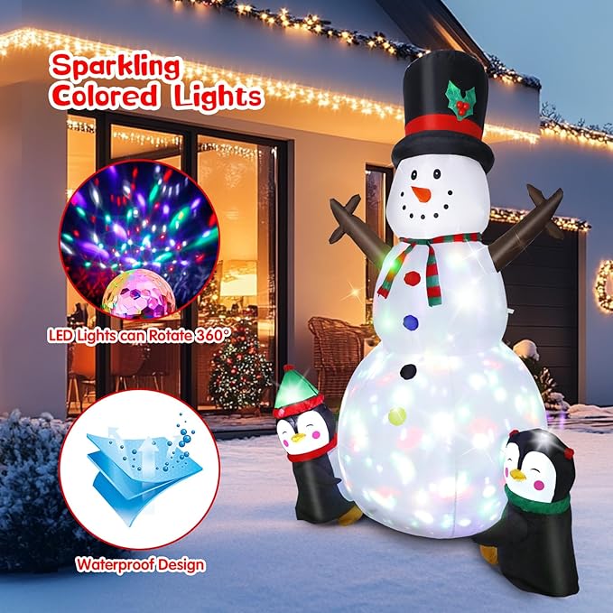 Inflatable Snowman - Blow Up Snow Man With Penguins, Built-in Colorful Rotating LED Lights, Outdoor Xmas Decoration