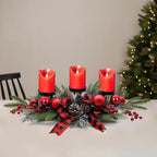 Christmas Table Centerpiece With Candle Holders, Red Berries, and Pine Cones