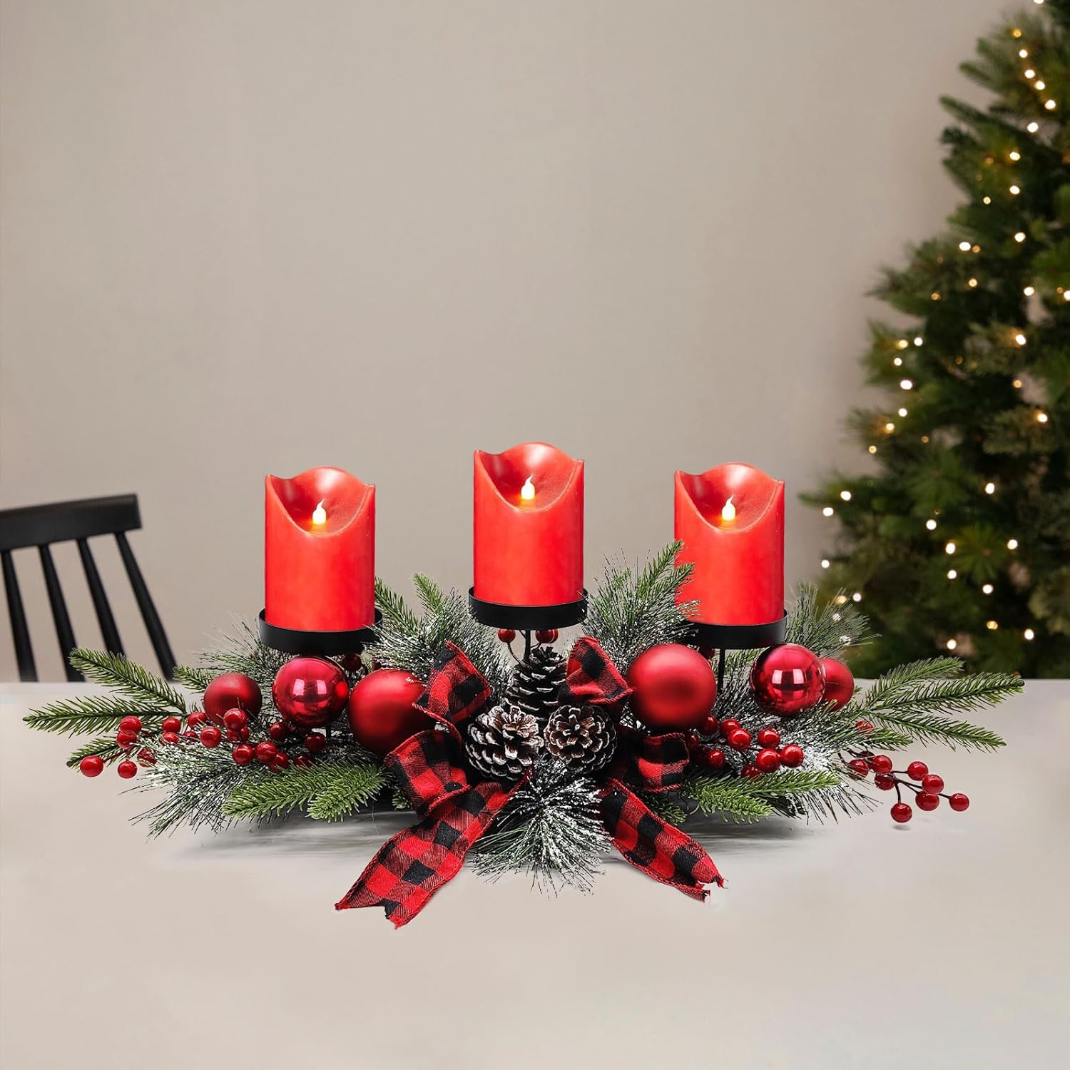 Christmas Table Centerpiece With Candle Holders, Red Berries, and Pine Cones