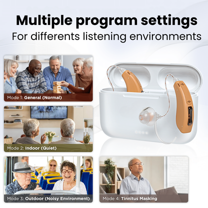 Rechargeable Bluetooth Hearing Aids | Noise Cancelling BTE Hearing Aid for Seniors & Elderly – Comfortable & Discreet