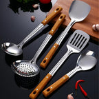 Stainless Cooking Utensils Set – Hanging Metal Utensils with Wooden Handle for Kitchen
