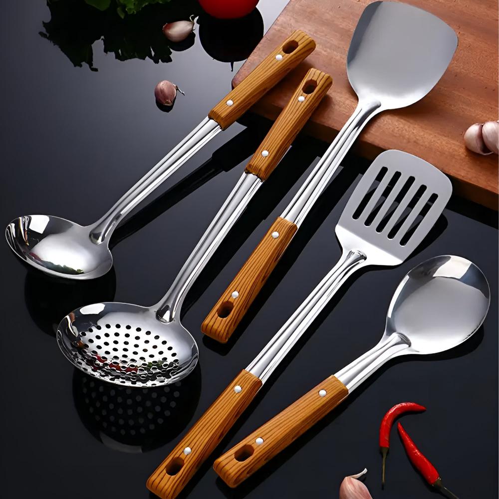 Stainless Cooking Utensils Set – Hanging Metal Utensils with Wooden Handle for Kitchen