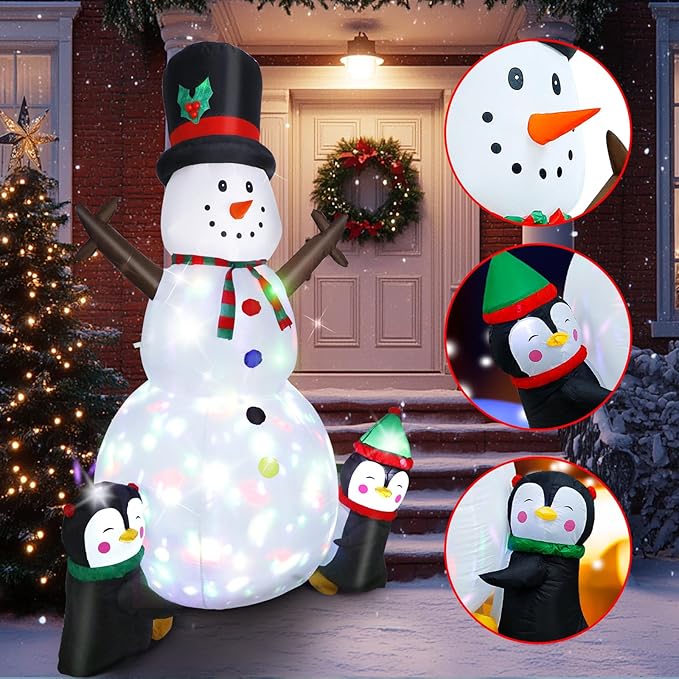 Inflatable Snowman - Blow Up Snow Man With Penguins, Built-in Colorful Rotating LED Lights, Outdoor Xmas Decoration