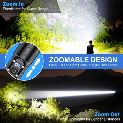 100,000 Lumen Rechargeable LED Flashlight | Waterproof, Impact-Resistant & Ideal for Hiking, Emergencies & Power Outages