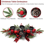 Christmas Table Centerpiece With Candle Holders, Red Berries, and Pine Cones