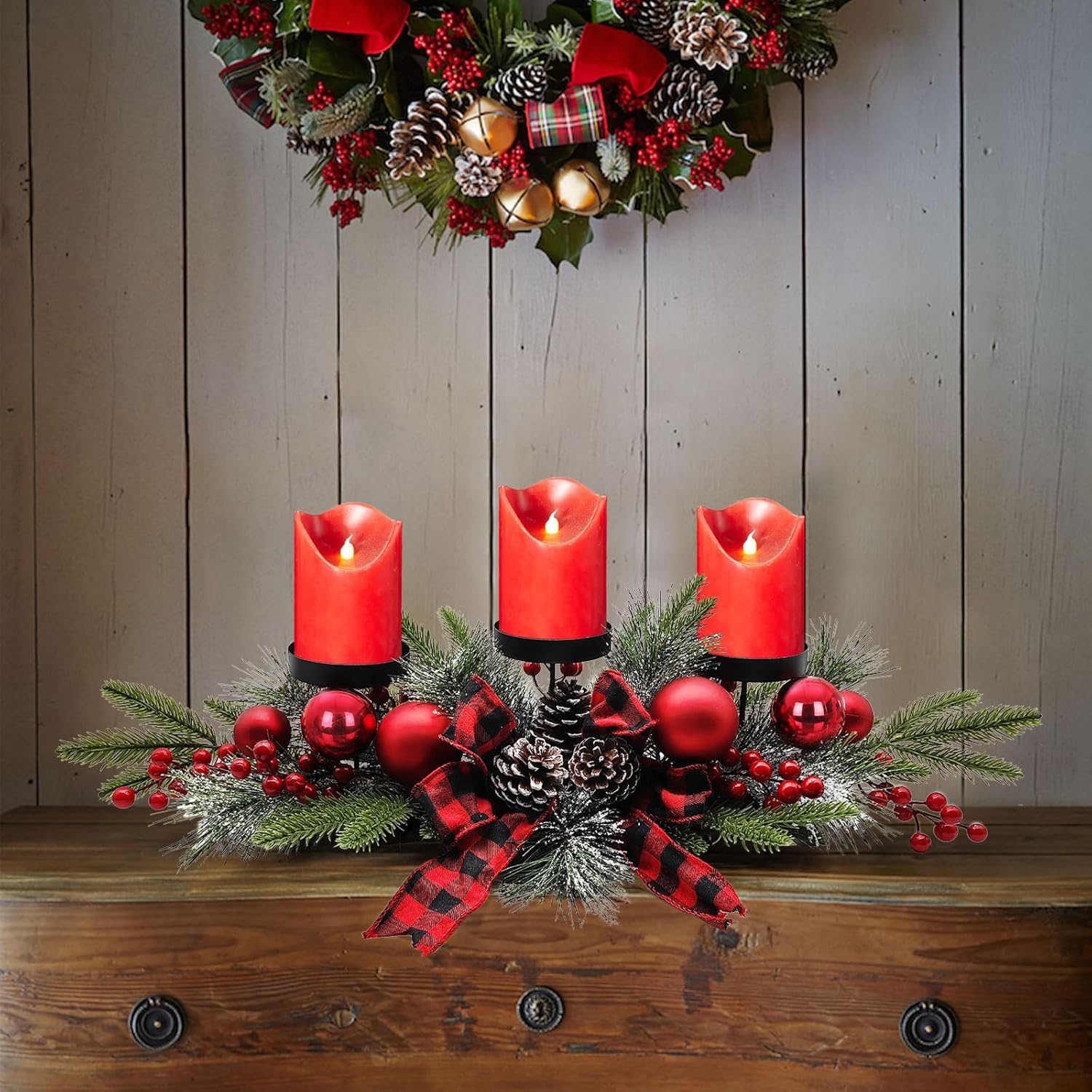 Christmas Table Centerpiece With Candle Holders, Red Berries, and Pine Cones