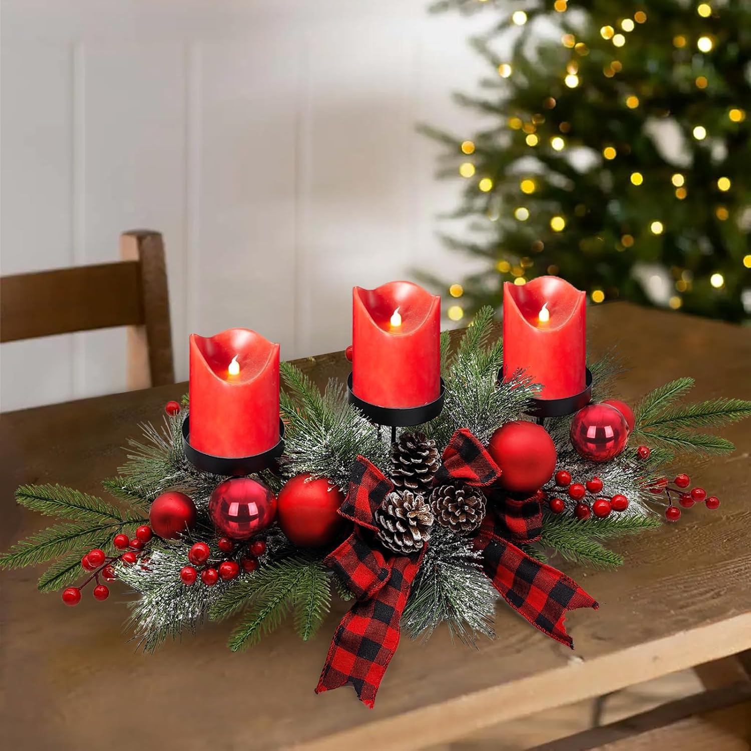 Christmas Table Centerpiece With Candle Holders, Red Berries, and Pine Cones