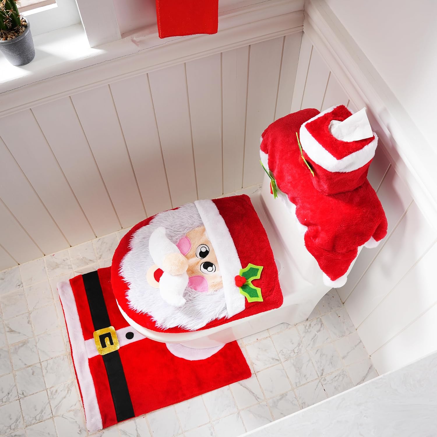 Xmas Indoor Decoration - Bathroom Decoration Set - Toilet Seat Cover, Rugs, Tank Cover, Toilet Paper Box Cover and Santa Towel.