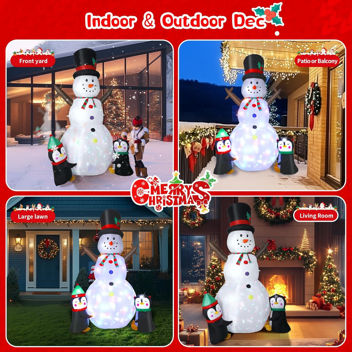 Inflatable Snowman - Blow Up Snow Man With Penguins, Built-in Colorful ...