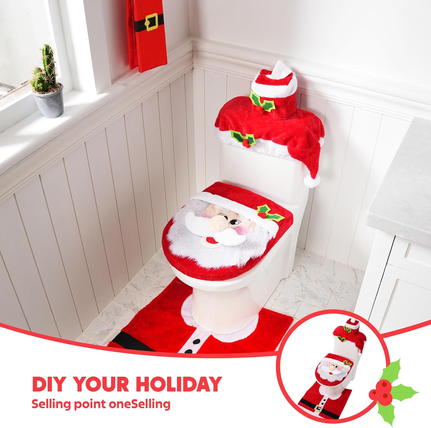 Xmas Indoor Decoration - Bathroom Decoration Set - Toilet Seat Cover, Rugs, Tank Cover, Toilet Paper Box Cover and Santa Towel.