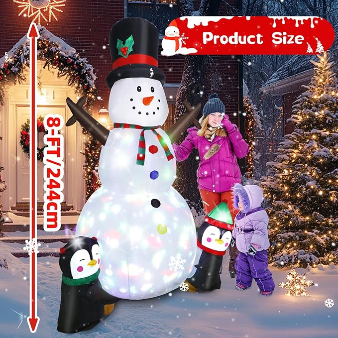 Inflatable Snowman - Blow Up Snow Man With Penguins, Built-in Colorful Rotating LED Lights, Outdoor Xmas Decoration