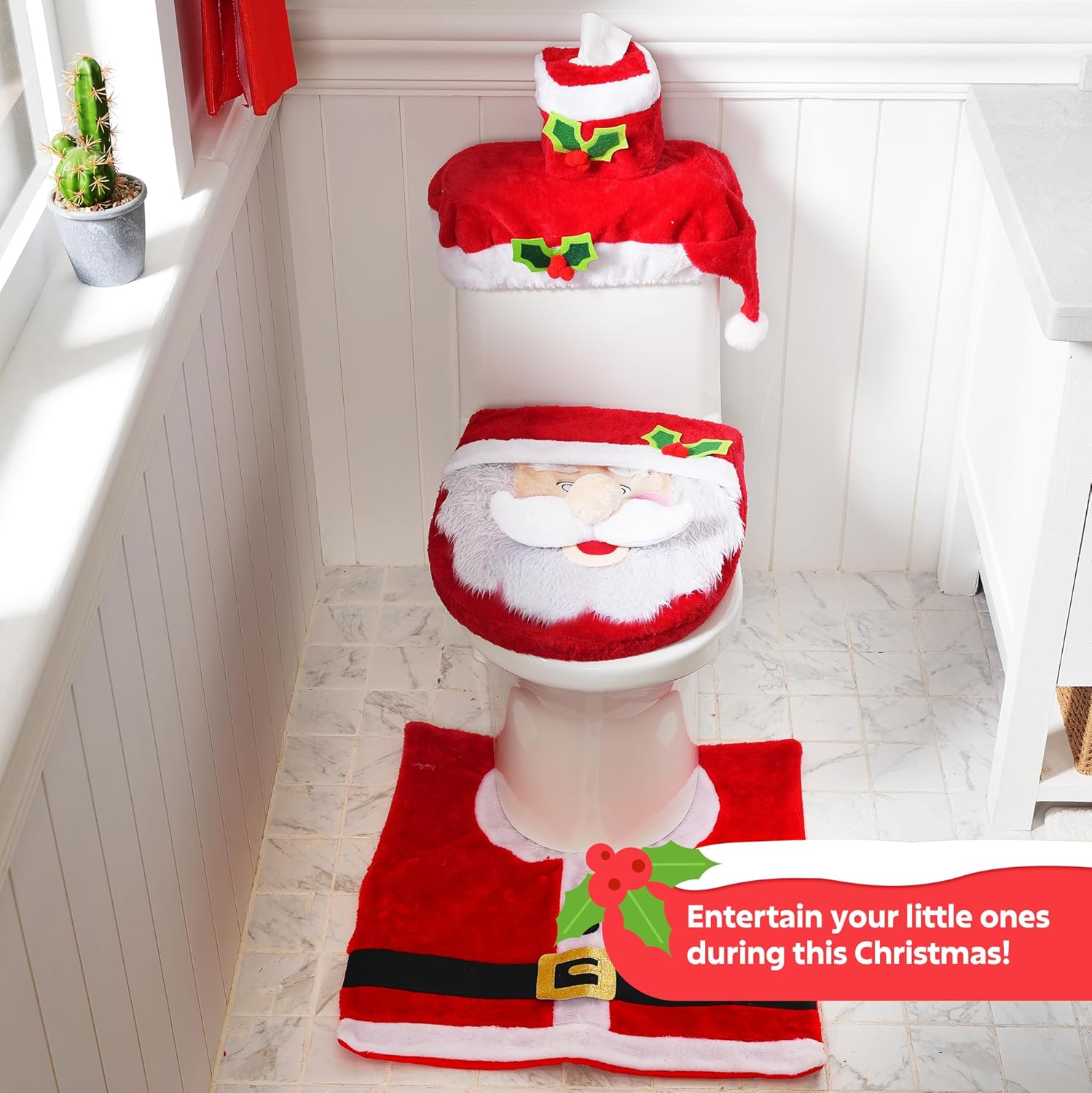 Xmas Indoor Decoration - Bathroom Decoration Set - Toilet Seat Cover, Rugs, Tank Cover, Toilet Paper Box Cover and Santa Towel.