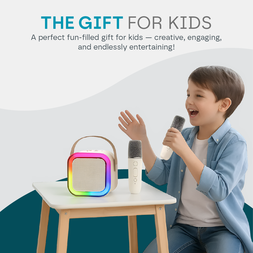 Mini Karaoke Machine for Kids | Portable Bluetooth Speaker with 2 Microphones, Voice Changer & LED Lights for Family Fun