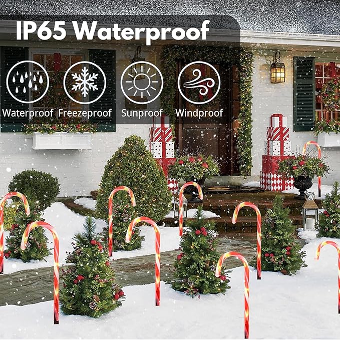 Solar Candy Cane Christmas Lights Outdoor - Christmas Outdoor Decoration, Waterproof with 8 Modes