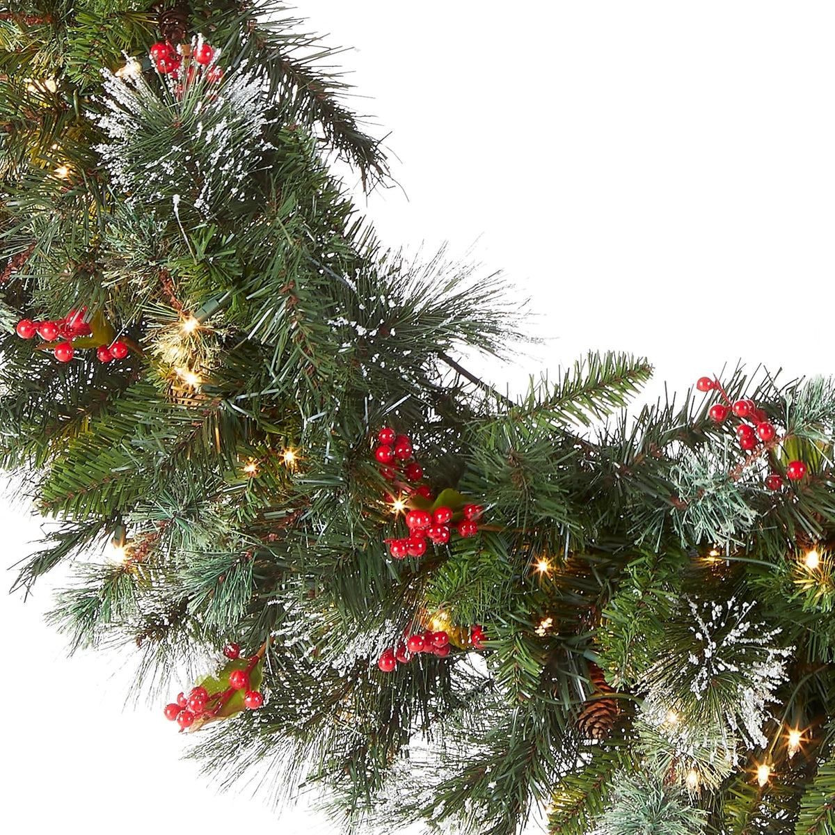 Christmas Wreaths For Front Door - Outdoor Xmas Decoration with Pinecones, Red Berries, 50 Clear LED Lights, 113 Tips, Timer