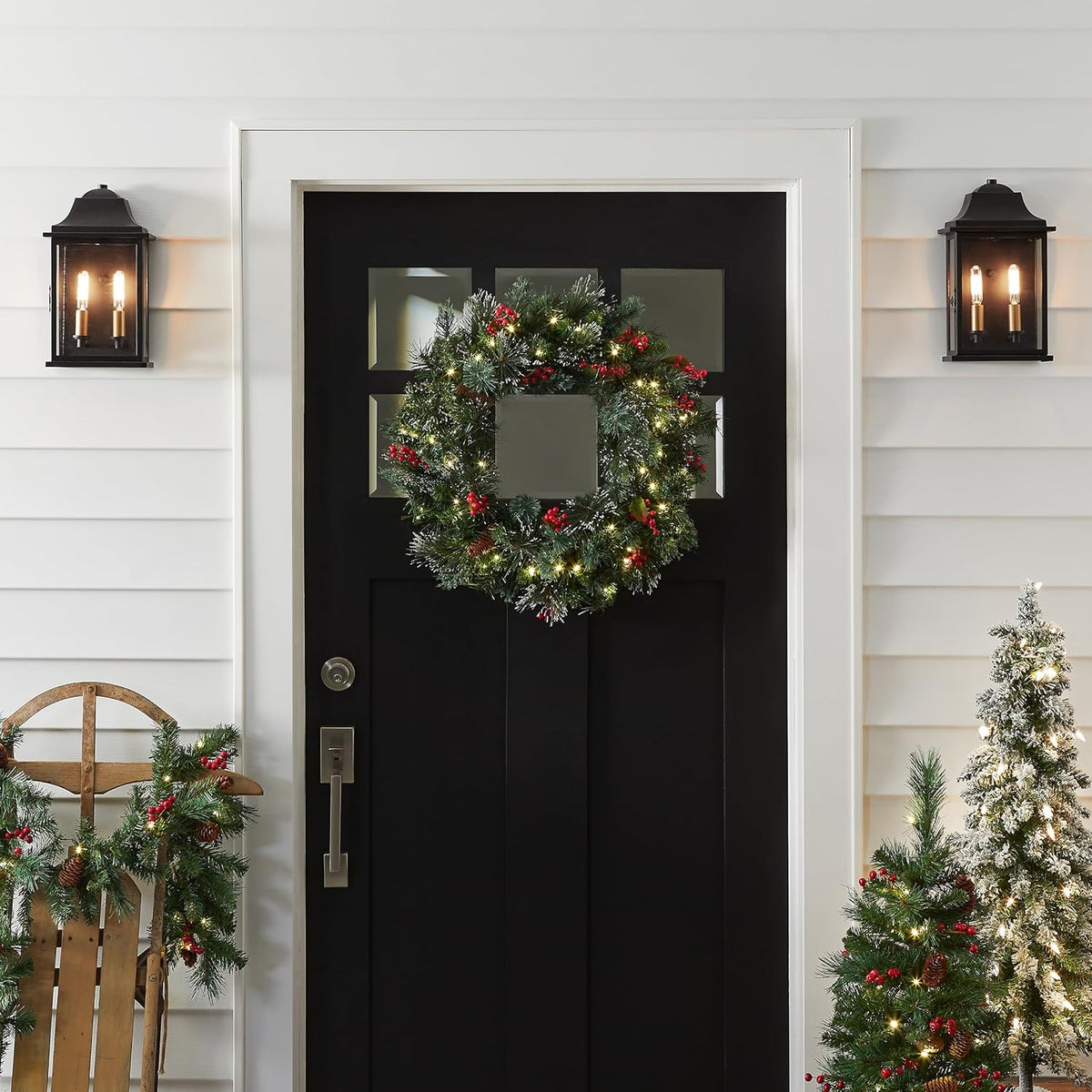 Christmas Wreaths For Front Door - Outdoor Xmas Decoration with Pinecones, Red Berries, 50 Clear LED Lights, 113 Tips, Timer
