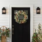 Christmas Wreaths For Front Door - Outdoor Xmas Decoration with Pinecones, Red Berries, 50 Clear LED Lights, 113 Tips, Timer