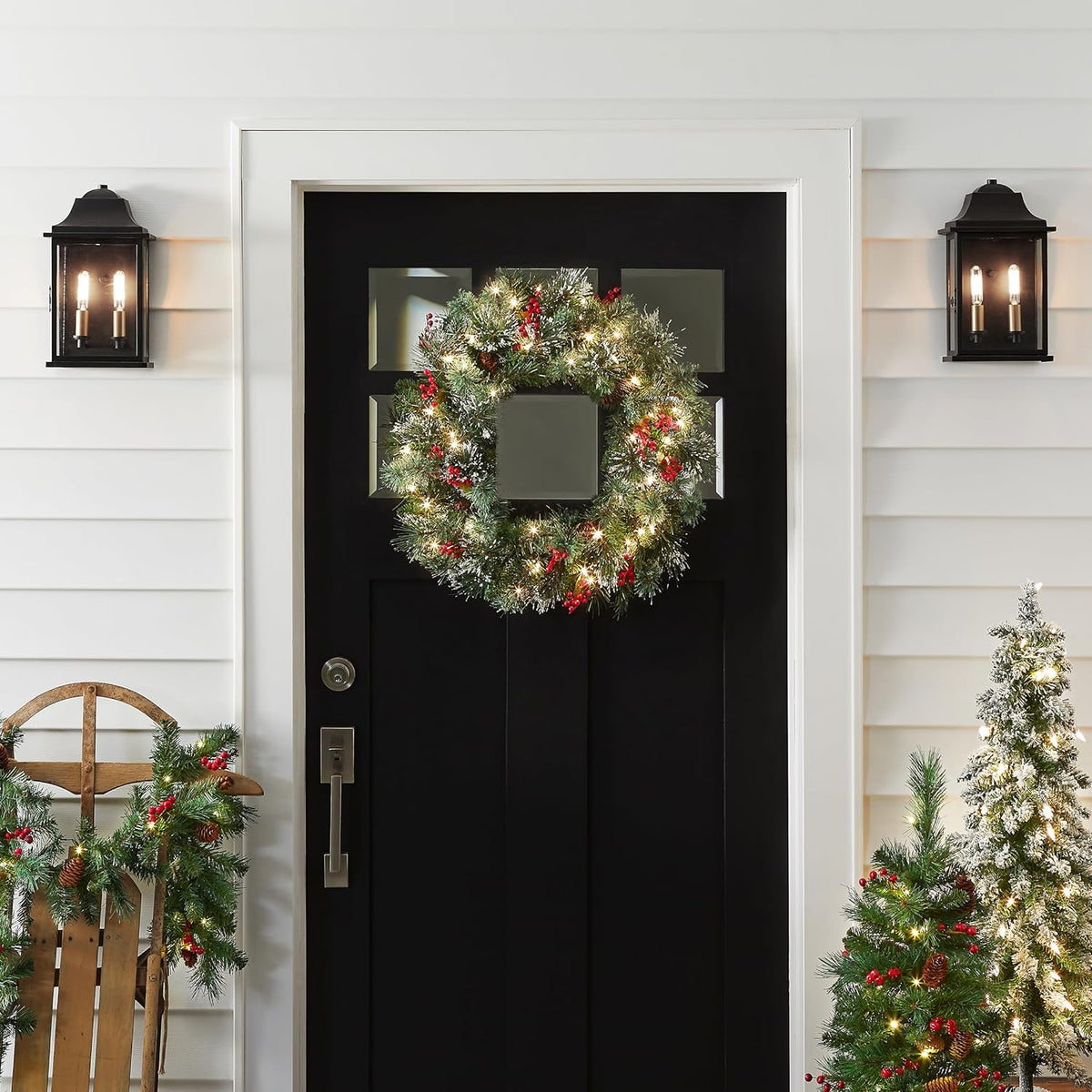 Christmas Wreaths For Front Door - Outdoor Xmas Decoration with Pinecones, Red Berries, 50 Clear LED Lights, 113 Tips, Timer