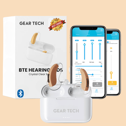 Rechargeable Bluetooth Hearing Aids | Noise Cancelling BTE Hearing Aid for Seniors & Elderly – Comfortable & Discreet