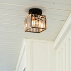 Modern 1-Light Flush Mount Ceiling Light | Black Brass Fixture with Crystal Shade for Hallway & Living Room