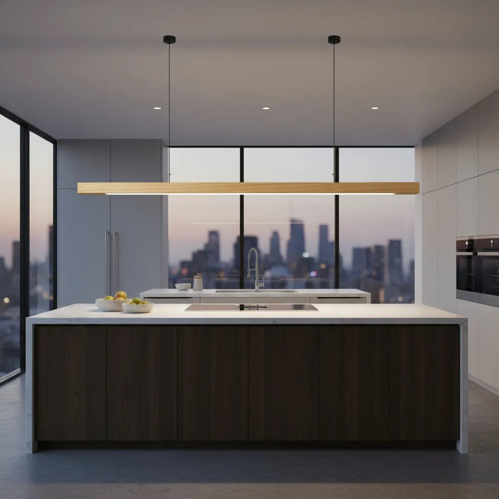 LED Wooden Pendant Light | Contemporary kitchen Lighting Adjustable Height, Integrated LED & Ideal for Low or High Ceilings