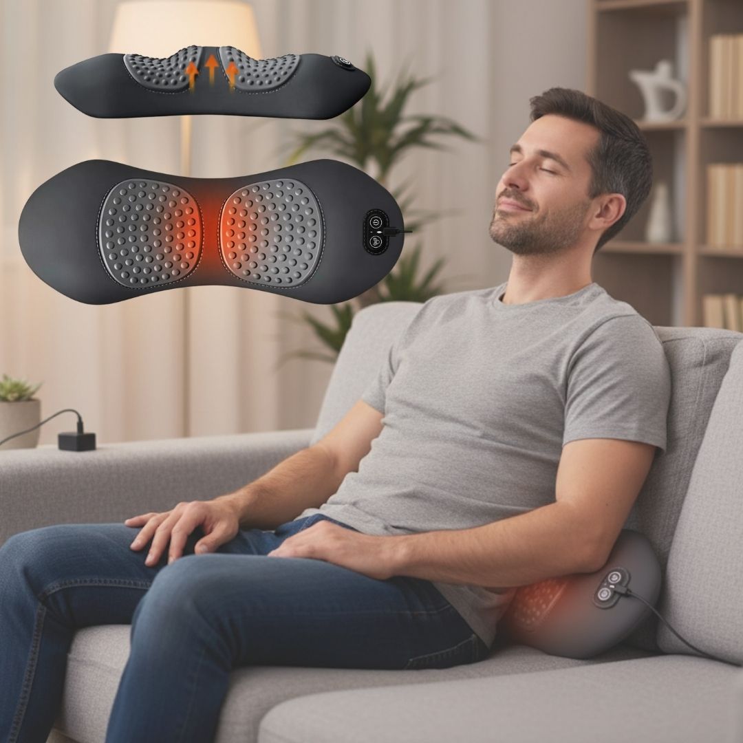 Back Pain Massager with Heat & Vibration, Spinal Support for Sciatica Relief, Lower Back Pain & Posture Correction – 3-in-1 Home Therapy