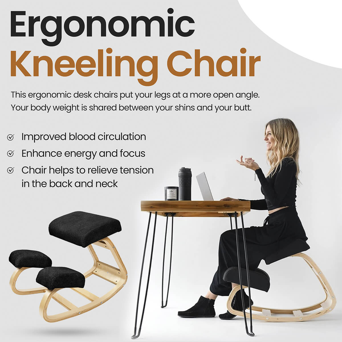 Ergonomic Kneeling Chair | Cushioned Seat for Improved Posture & Comfort at Home or Office