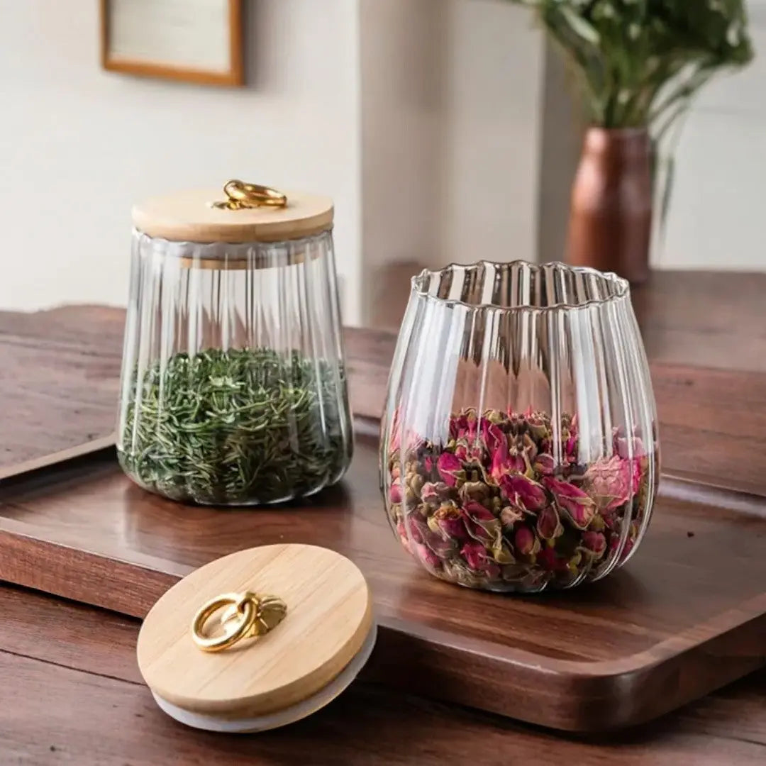 Set of High Borosilicate Tea Storage Jar | Sealed Wooden Lid & Clear Design for Freshness in Kitchen & Pantry