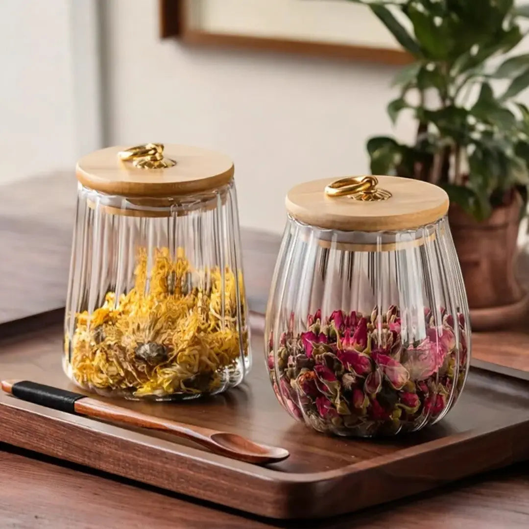 Set of High Borosilicate Tea Storage Jar | Sealed Wooden Lid & Clear Design for Freshness in Kitchen & Pantry