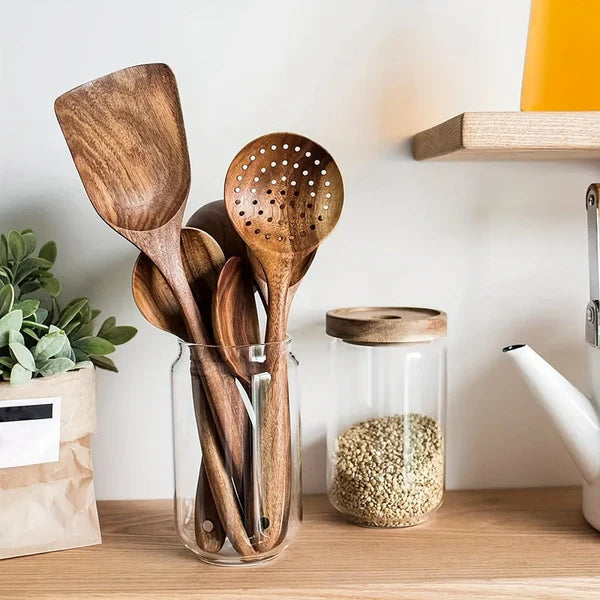 Teak Wooden Utensil Set - Sustainable Cooking Ideal like Retro Cooking Utensils