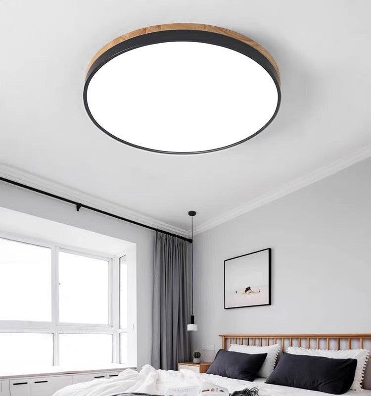 Wooden Round Shape Flush Ceiling Light | LED. Solid Wood & Iron for Living Room. Dining Room & Hallway