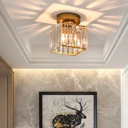 Modern 1-Light Flush Mount Ceiling Light | Black Brass Fixture with Crystal Shade for Hallway & Living Room